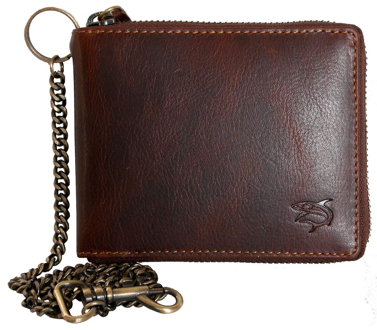 FLW Natural genuine leather biker's wallet with a metal chain with a shark