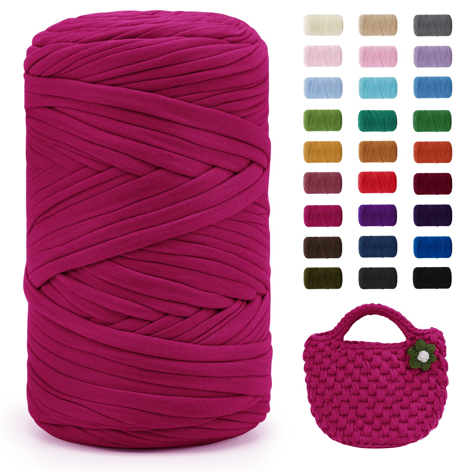 Uiopa Rose Red T-Shirt Yarn, 400g/120m Elastic Fabric Crochet Cloth T Shirt Yarn, Chunky Hand Knitting Polyester Ribbon for Crocheting Bags/Baskets/Rugs, Home Decor, DIY Crafts