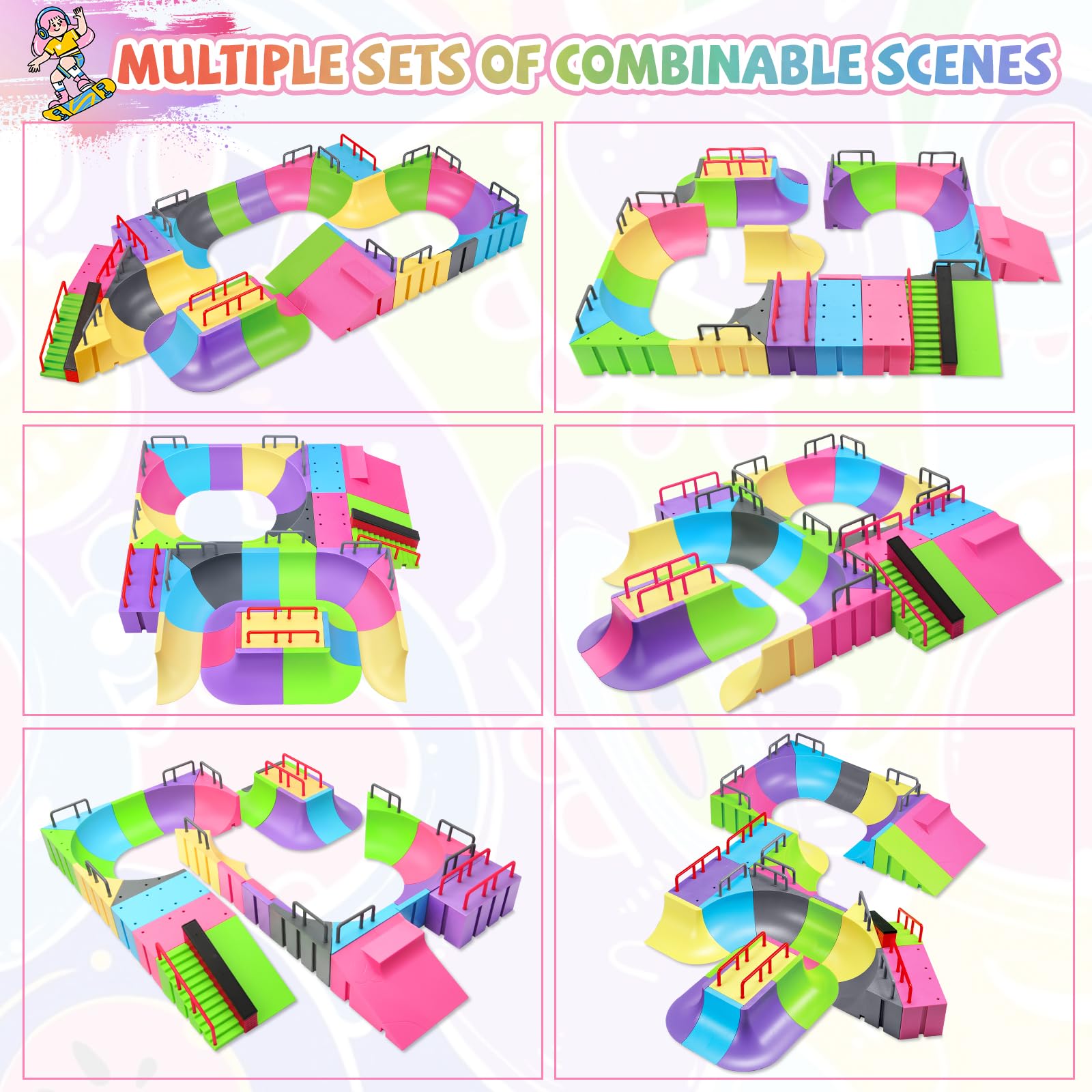 MOMSIV Finger Skateboard Park Set, 57pcs with 6 Skateboards, 31 Ramps, 1 Bicycle - Large Training Gift Toy for Ages 6+