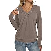 Eachyes Womens V Neck Long Sleeve Shirts Banded Bottom Pleated Tops Fall Dressy Casual Blouses 2025