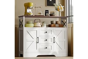YGEOMER Buffet Cabinet Sideboard Farmhouse Coffee Bar with 3 Drawers and 2 Doors, Wood Kitchen Table Wine Bar Storage Cabinet for Dining Room