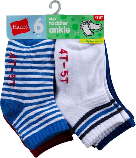 Hanes Toddler Boys NonSkid Ankle Socks, 6 pack, Assorted