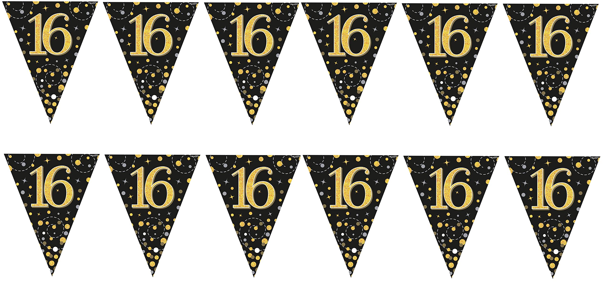 2 PACKS of 16th Birthday Black and Gold Buntings / Party Bunting Sparkling Fizz Age 16 Black & Gold Holographic Each Bunting Pack Has 11 flags 3.9m (OT)