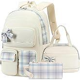 Girls Backpack,3pcs Backpacks with Lunch Box Pencil Case Set 15.6 Inch Laptop School Bag Kids Kindergarten Elementary College Bags Large Bookbag for Teen Women Students Casual Travel Daypacks Beige