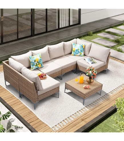 Grand Patio 7-Piece Wicker Patio Furniture Set - Outdoor Sectional Sofa With Beige Cushions & Glass Table