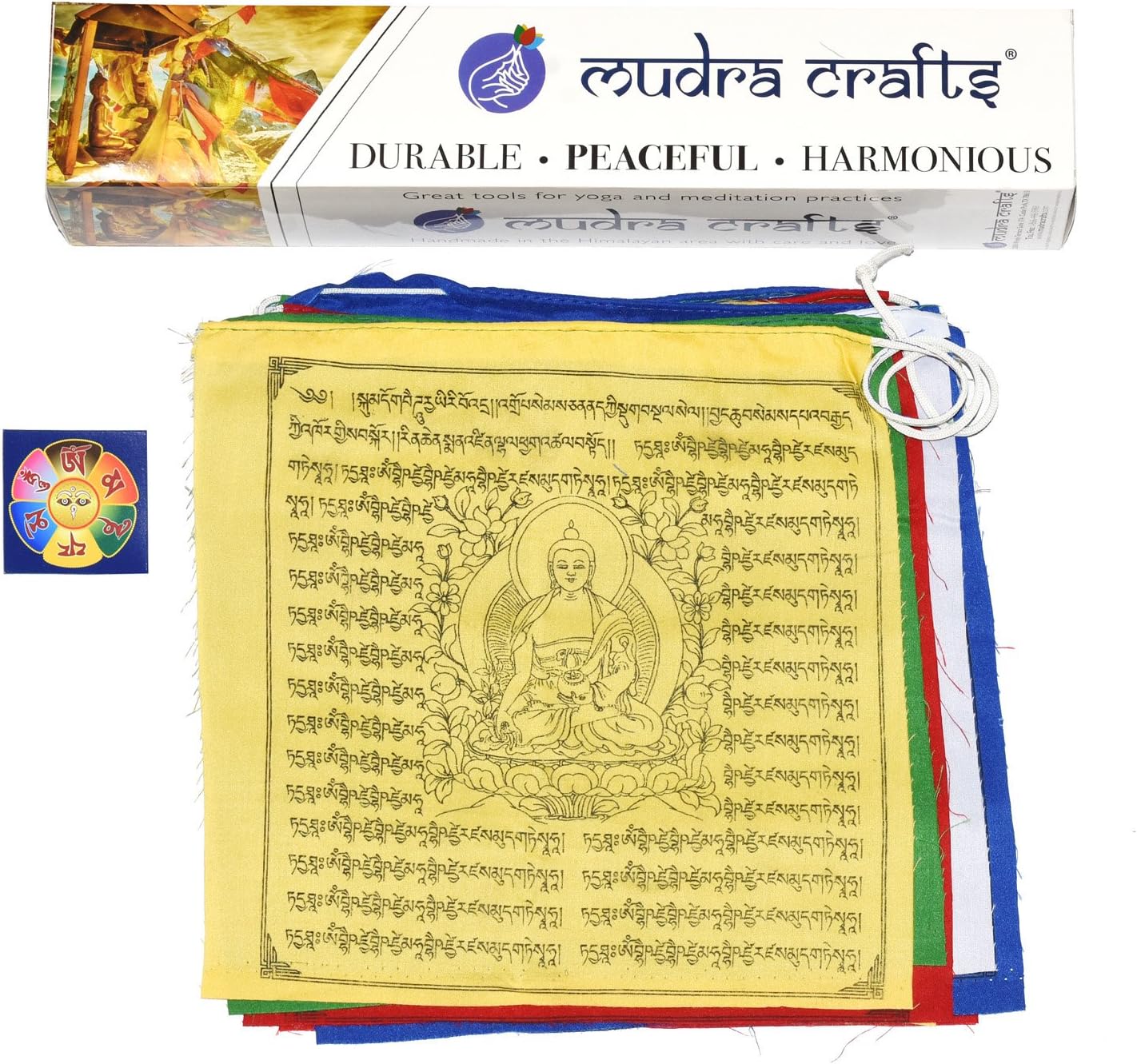 Tibetan Prayer Flag, Himalayan Lungta Windhorse Hanging Banner on a String for Decoration; by Mudra Crafts; Medium Medicine Buddha