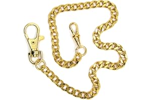 WATCHVSHOP Pocket Watch Chain - Albert Chain - Gold Color - High Polish Brass Curb Link Chain - Big Swivel Lobster Clasp + Swivel Clasp FC02A