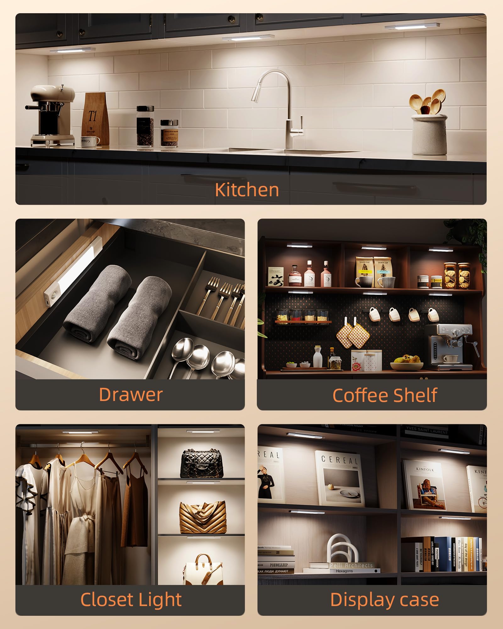 EZVALO 3 Pack 7” Motion Sensor Light Indoor, Wireless Under Cabinet Lighting, 30 LED Rechargeable Closet Lights, Dimmable, 3 Color Temperatures, Counter Lights for Wardrobe, Pantry, Bedroom, Kitchen