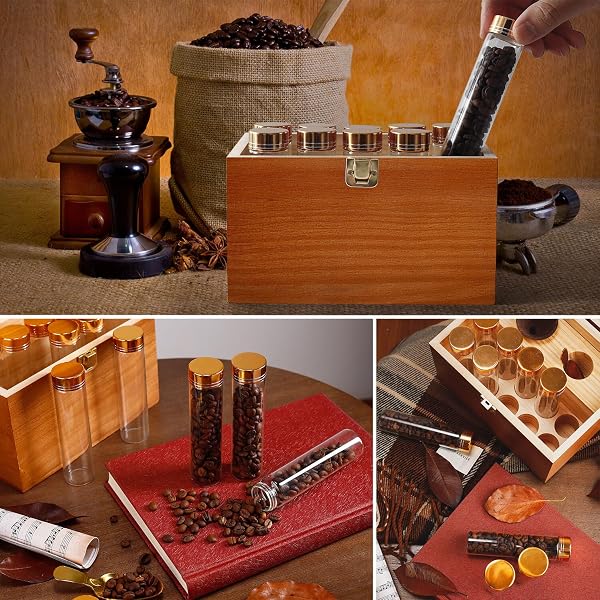 FAMIWARM GLASS COFFEE BEANS STORAGE CONTAINERS, 10PCS SINGLE DOSE COFFEE BEAN STORAGE TUBES WITH WOODEN DISPLAY STAND AND FUNNEL FOR STORAGE SPICES, HERBS, COFFEE BEANS OR CANDY