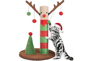 BOLUO Christmas Cat Scratching Post Deer Cat Trees for Adult Cats Scratcher Cute Toy Kitten Kitty Sisal Scratch with Teaser Ball Indoor 25 inch