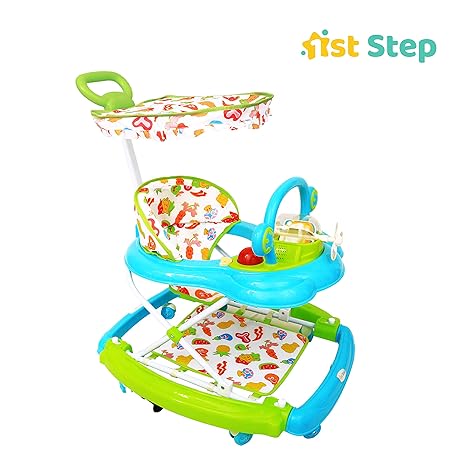 1st Step Walker Cum Rocker with Push Handle, Canopy and 3 Level Height Adjustment-Blue
