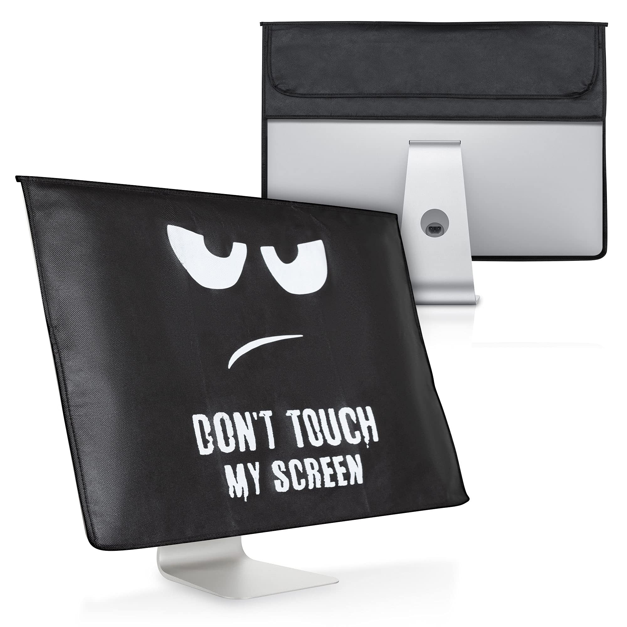 kwmobile Cover Compatible with 24-26" monitor - With Extra Storage - Don't Touch My Screen White/Black