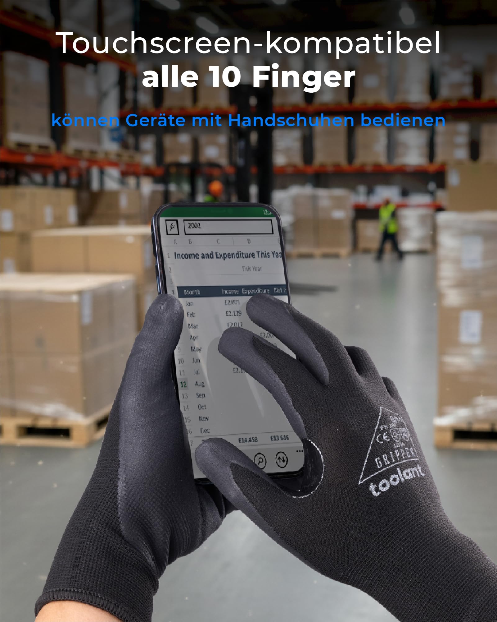 toolant Nitril-Arbeitshandschuhe mit MicroFoam-Beschichtung, atmungsaktives Nylon, rutschfester Griff, touchscreenfähig, ideal für Garten, Lager & Automobil, Schwarz (L, 6 Paar) 4