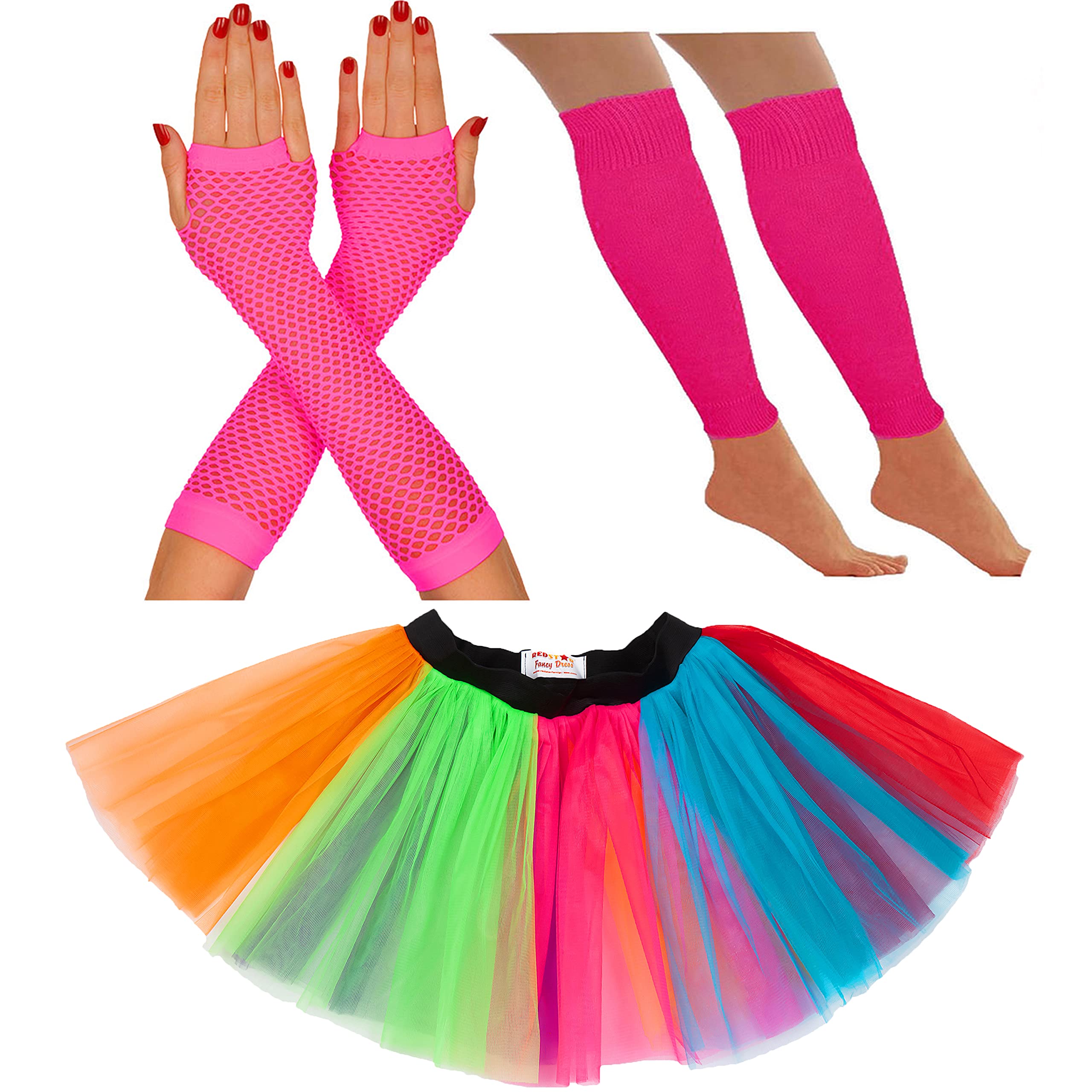80s Fancy Dress for Women Neon Tutu Skirt 80s costume Neon Party Accessories 1980s Fancy Dress Costumes for Women Neon tutu Neon Leg Warmers Neon Fishnet Gloves Rave Retro Outfit (8-12 UK, Rainbow)
