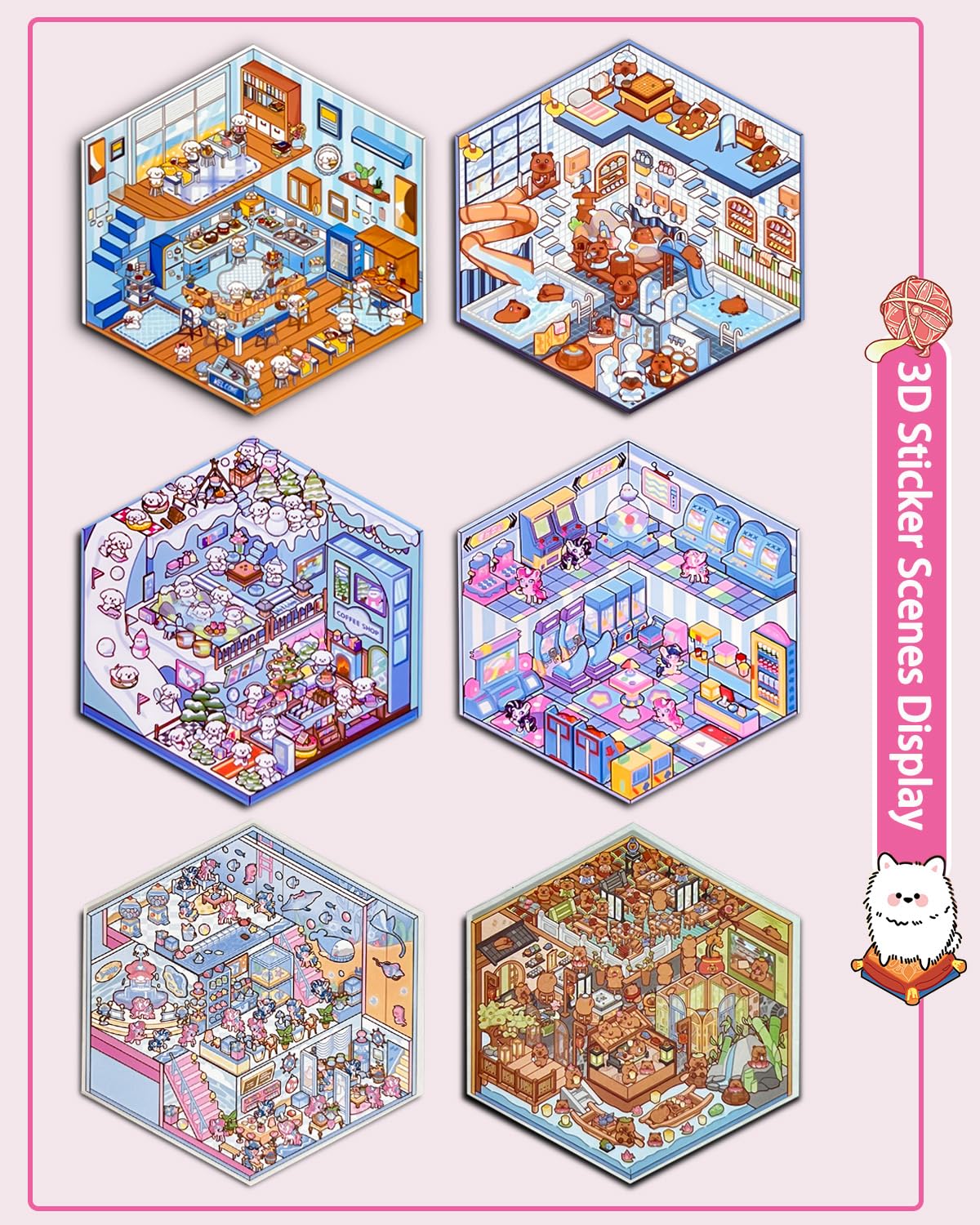 20 Sets DIY 3D Sticker Scene, Sticker Therapy Scenes Collection Book for Adults Stress Relief Pass The Time, Make Your Own House Miniature Cute Cartoon Animal Isometric Scene Funny Stickers for Kids