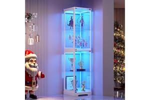 WEQUB Glass Display Cabinet with Doors, 65" Tall 4-Tier Curio Display Case with 3 Color Lights and Human Body Sensor, Bookcase for Collectibles, White