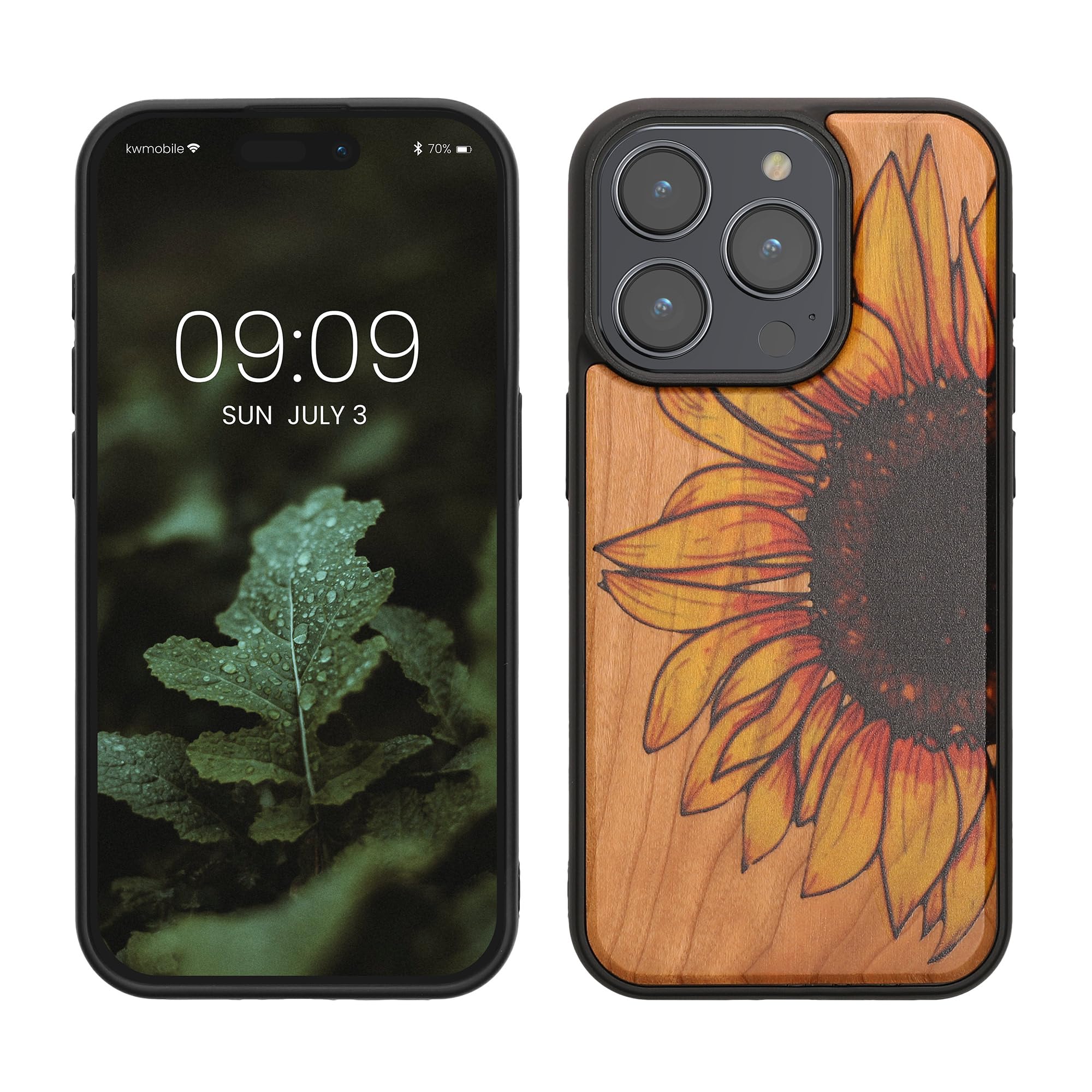 kwmobile Wood Case Compatible with iPhone 15 Pro Case - Cover - Wood Sunflower Yellow/Dark Brown/Light Brown