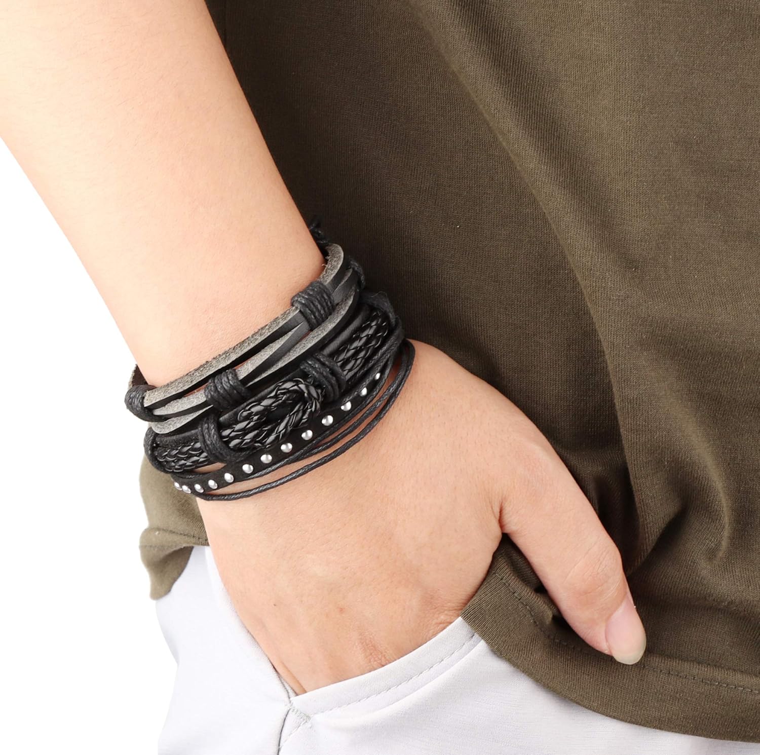 Jstyle 17Pcs Braided Leather Bracelet for Men Women Wooden Beaded Cuff Wrap Bracelet Adjustable Black: Clothing