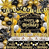 Black and Gold Birthday Decorations for Men Women, Black Gold Party Decorations Kit with Happy Birthday Banner Backdrop Tablecloth Foil Curtains Balloons Arch, Happy Bday Party Supplies for Him
