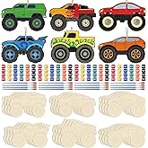 Weysat 24 Sets Color Your Own Wooden Race Car Craft Kit Truck Wooden Coloring Crafts with Coloring Paint and Hemp Rope Handmade Gifts for Theme Activities DIY Decoration