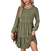 LYANER Women's Casual Long Sleeve Tunic Dress Crew Neck Button Down Elastic High Waist A-Line Tiered Mini Dresses