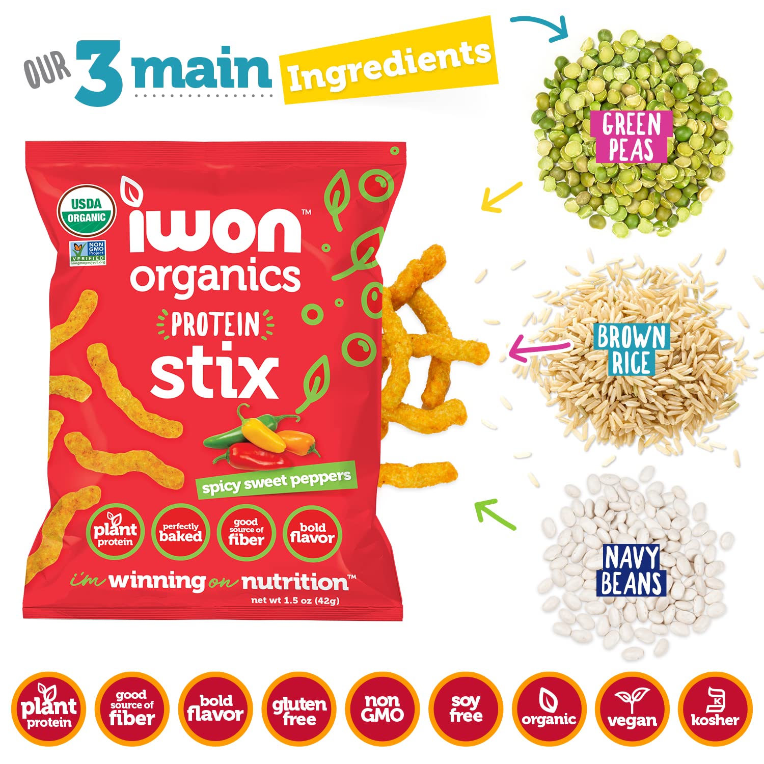 IWON Organics Spicy Sweet Pepper Flavor Snack Stix, High Protein and Organic Healthy Snacks, 8 Bags, 1.5 Ounce