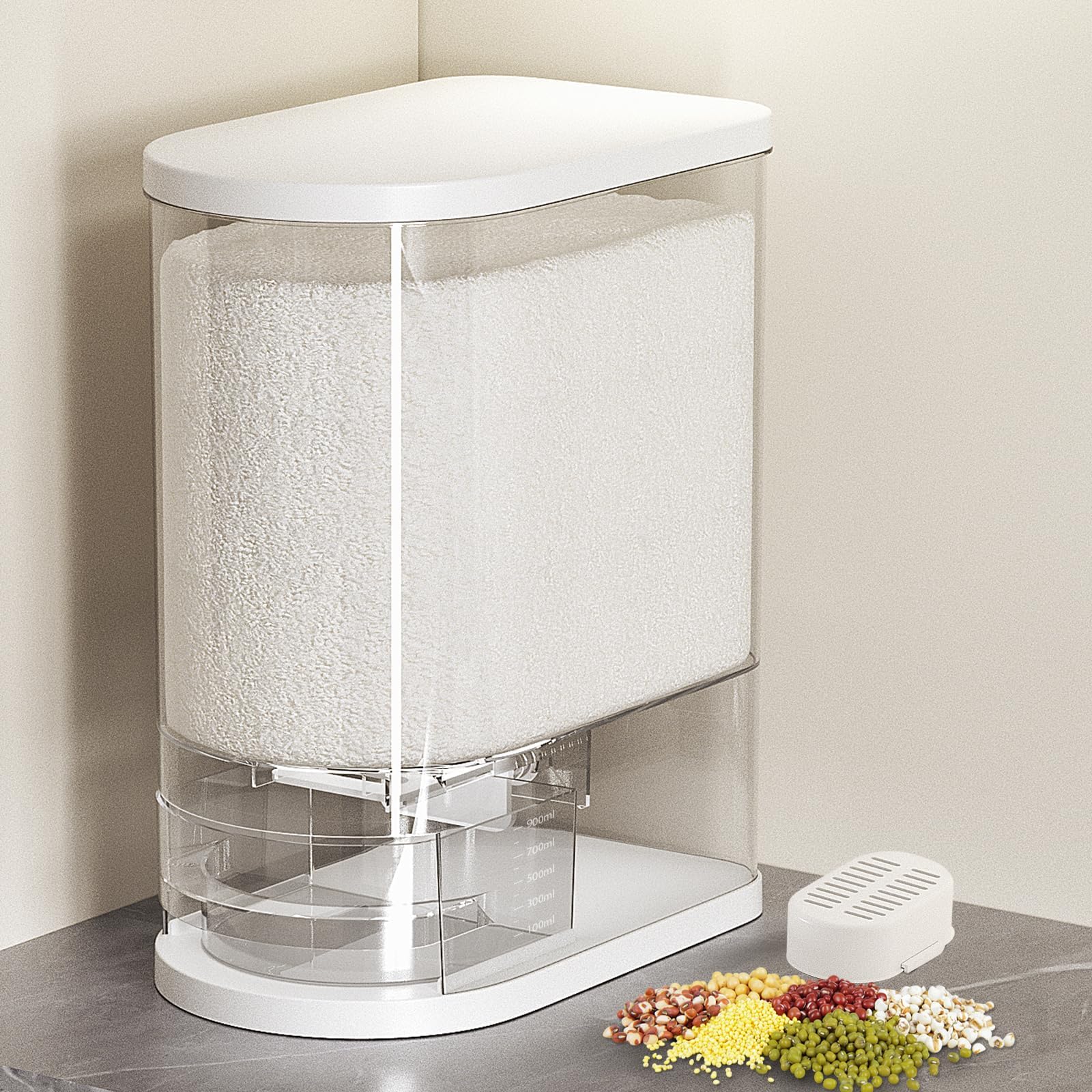 Photo 1 of SYNCVIBE Large Rice Dispenser 22-25Lbs, Cereal Dispenser Rice Container Food Storage Container with Measuring Cup, Cereal Containers Storage Kitchen Storage Household Moisture Proof Holder, White