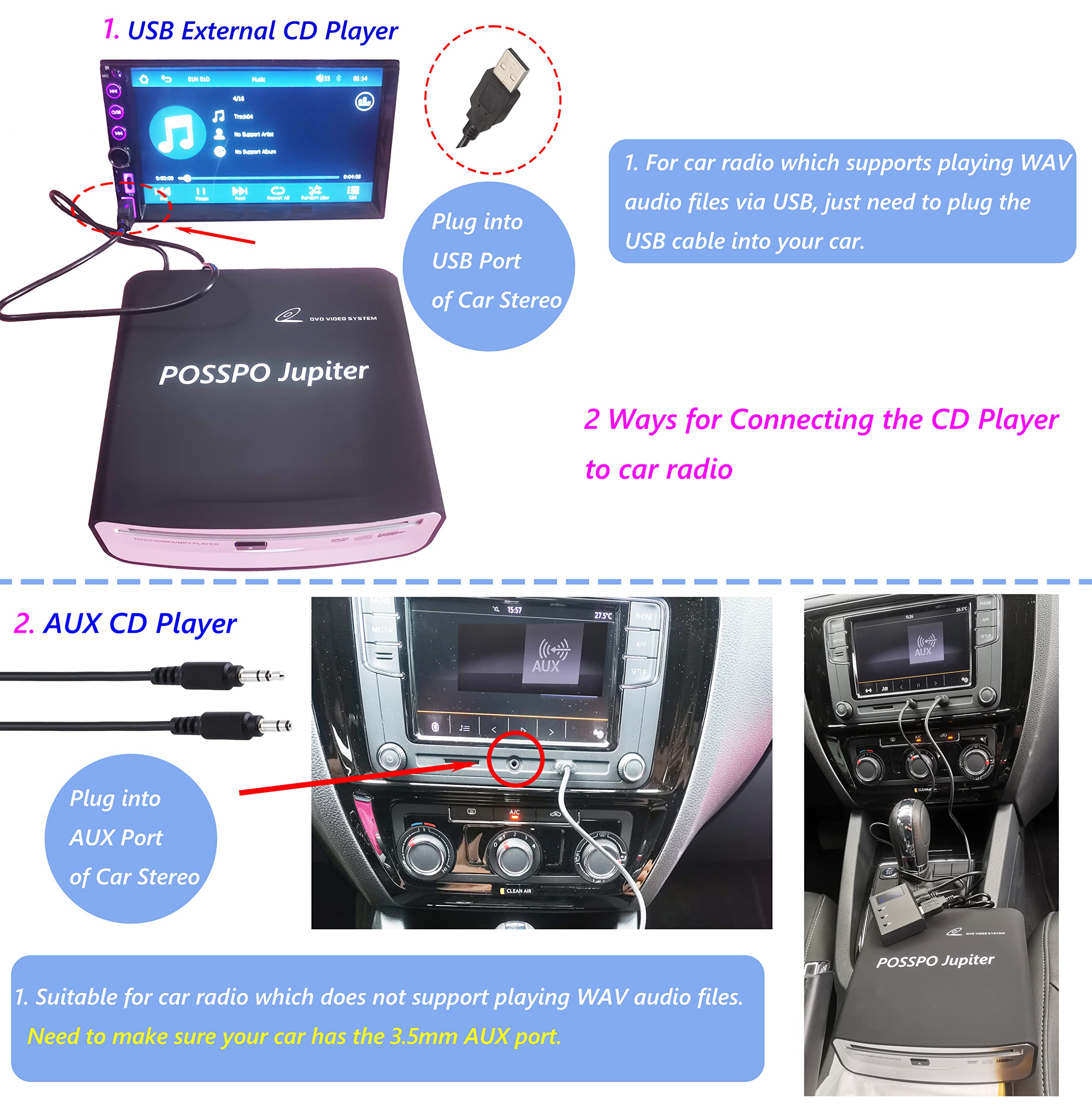 CD DVD Player for Car with USB Port AUX Port, Portable External CD Player That Plugs into Car Laptop Desktop TV Computer, Plug & Play –Upgraded with Extra USB Extension Cable