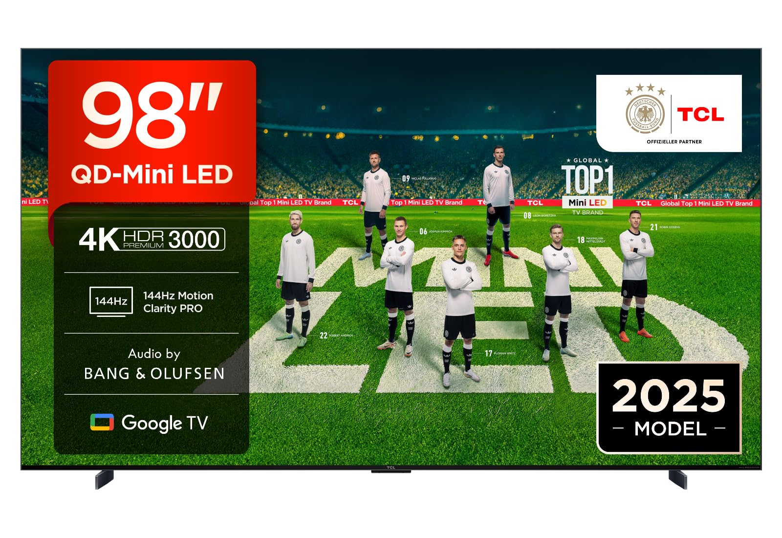 TCL 98C7K 98 Zoll QD-Mini LED Fernseher, 4K HDR Premium 3000, Smart Google TV mit 144Hz Motion Clarity Pro (Dolby Vision IQ & Atmos, CrystGlow HVA Panel)