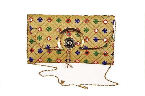 Atithi Gifts Cotton Mirror Work Rajasthani and Jaipur Style Full Hand Embroidered Design Royal Ethnic Clutch Bag (Multicolour)