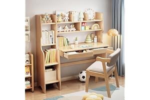 BALANBO Kids Desk Kids Table and Chair Set with Drawers and Bookshelf Rubber Wood Kid's Media Desk Student Learning Computer Workstation and Writing Desk(Natural)