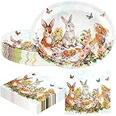 AnyDesign Easter Tableware Sets Serves 50 Bunny Rabbit Floral Disposable Oval Paper Plates with Luncheon Paper Napkins Decorative Dinnerware for Spring Holiday Party Supplies Decor, 100 Pcs