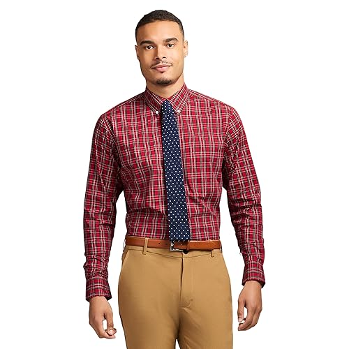 IZOD Men's Dress Shirt Regular Fit Long Sleeve Wrinkle Free Stretch Button Down Collar, Real Red