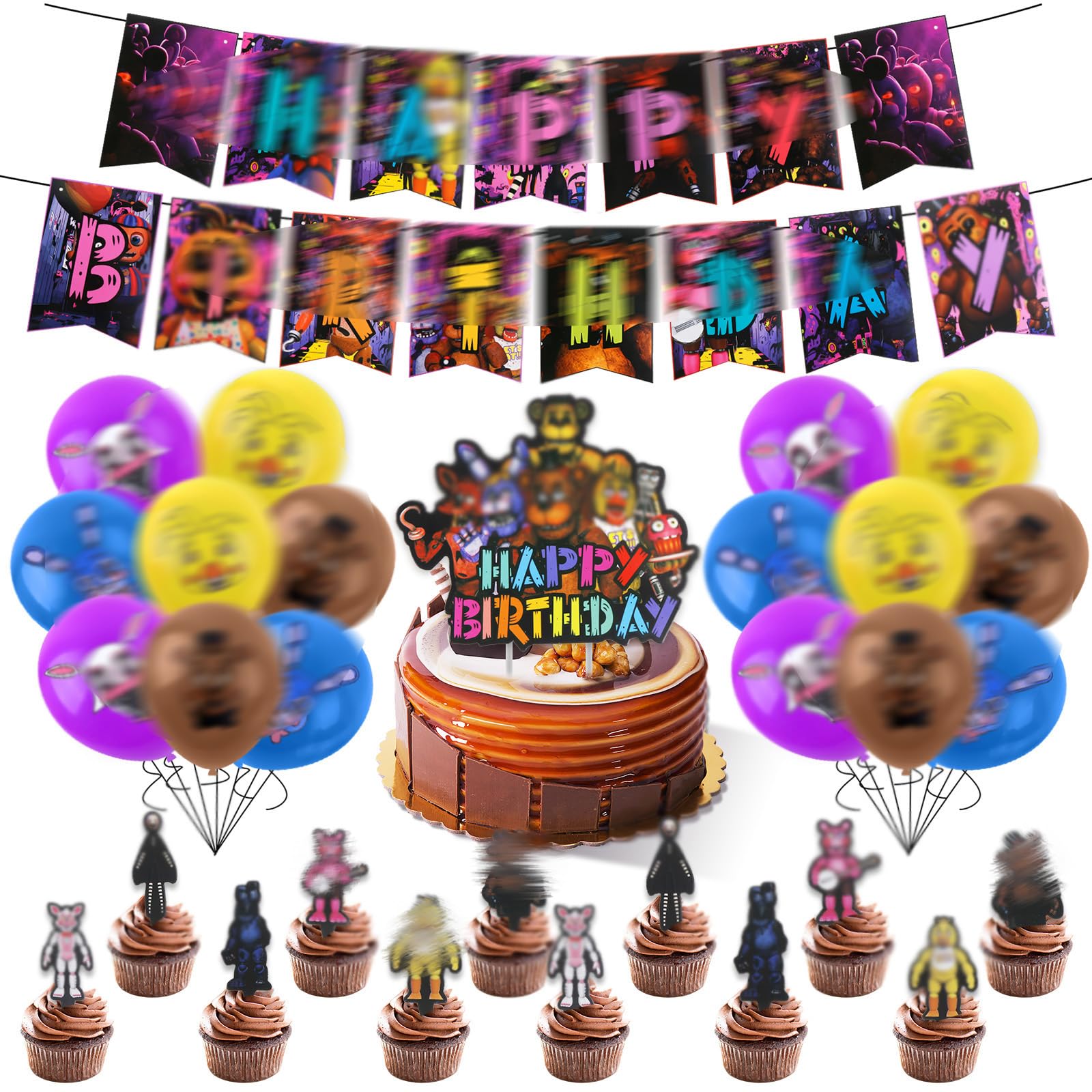 34PCS Birthday Decorations, Midnight Bear Party Decorations, Birthday Party Supplies for Kids Boys Girls, Include Banner, Balloons, Cake Topper, Cupcake Toppers