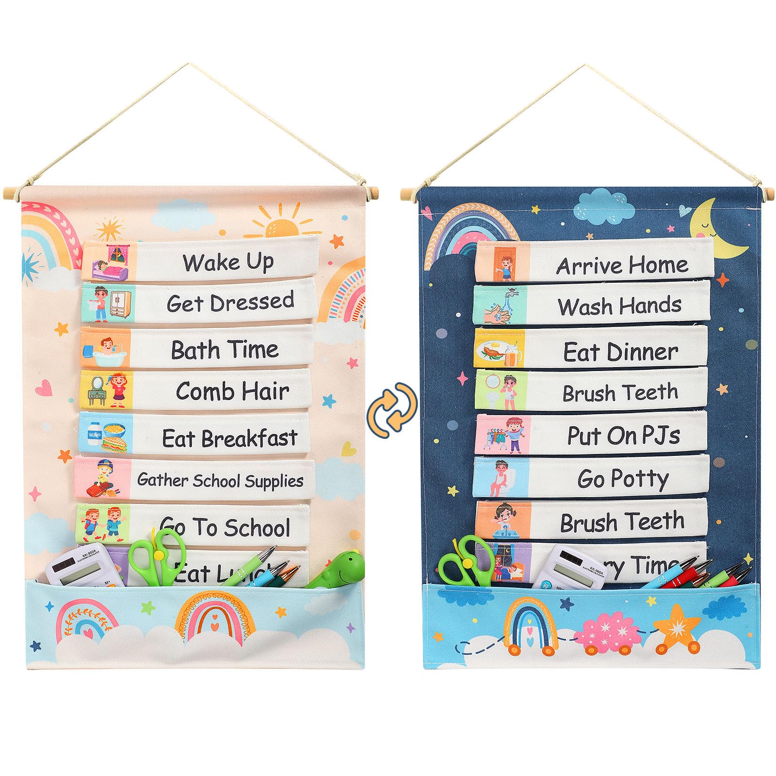 Photo 1 of Blosssound Visual Schedule for Kids Chore Chart Morning Bedtime Routine Chart Hippie Boho Daily Calendar Double Side Planner Board with 28 Cards for Home School Toddlers Autism Learning Materials