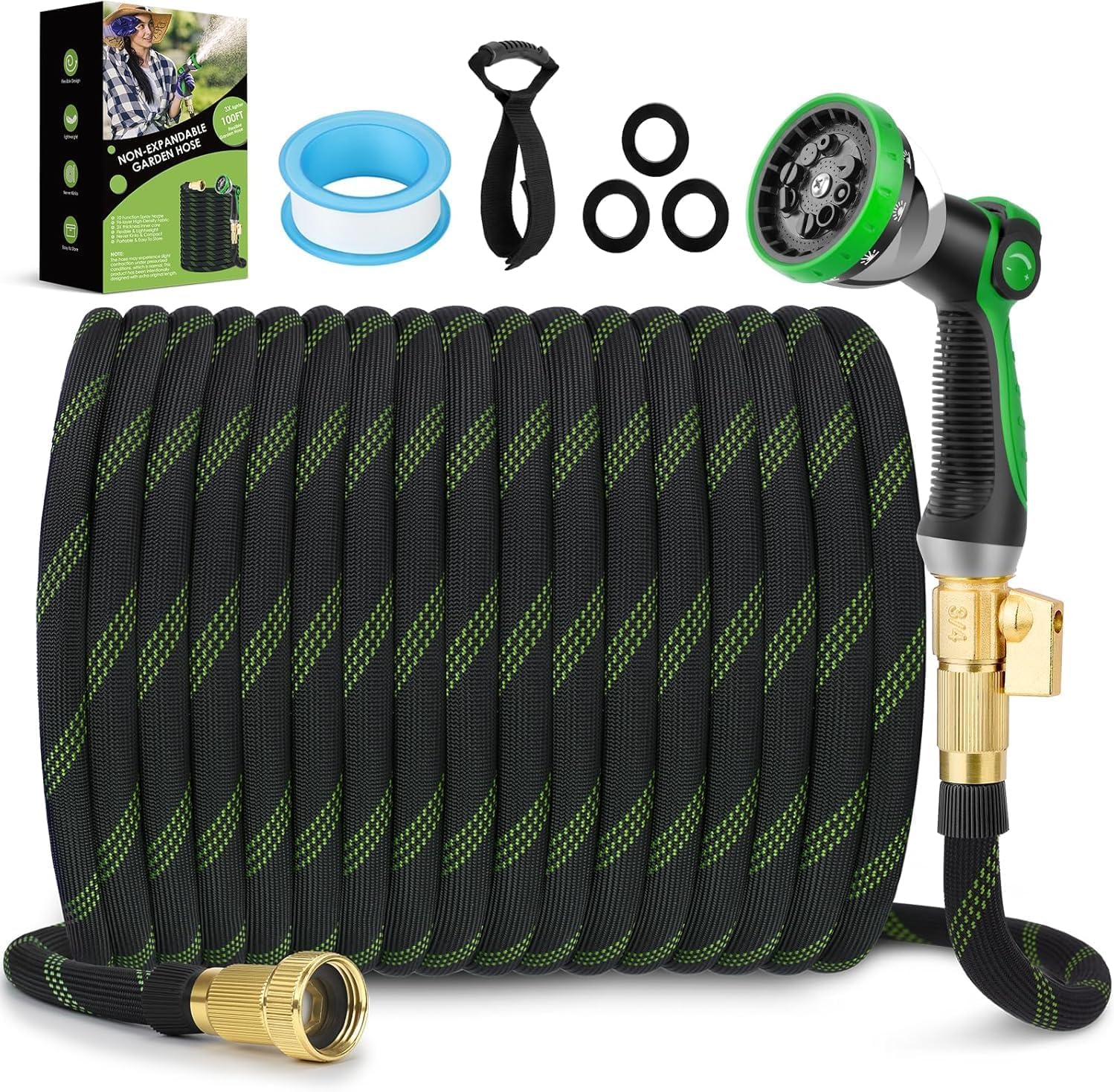 Photo 1 of FlexiSolve Non-Expandable Garden Hose 100 ft, Ultra Lightweight & Flexible Water Hose With 10-Pattern Spray Nozzle, Full Length Leak-Proof Design, High-Density Fabric & Shut-Off Valve, Hose Straps