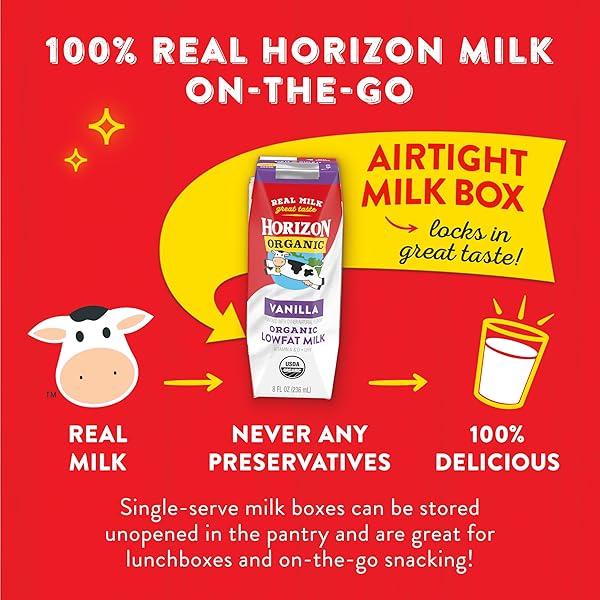 HORIZON ORGANIC SHELF STABLE 1% LOWFAT VANILLA MILK BOXES, 8 FL OZ, 12 COUNT – 8G PROTEIN PER SERVING, USDA ORGANIC UHT FROM PASTURE-RAISED COWS, READY TO DRINK FOR LUNCHBOX, TRAVEL, OR ON-THE-GO, NO REFRIGERATION NEEDED