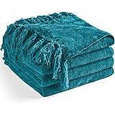 LONG CREATE Chenille Throw Blanket for Couch 50"X 60", Soft Cozy Throws with Fringe Tassel for Bed Sofa Chair Cover, Lightweight Knitted Decorative Boho Blankets for Living Room, Teal