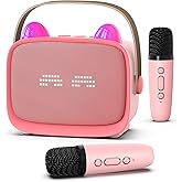 Mgaolo Upgraded Mini Karaoke Machine Toy for Kids, Portable Bluetooth Speaker with 2 Wireless Mics, Emoji & Colorful LED Lights, Home Travel & Party Play Gifts for Boys Girls (Pink)