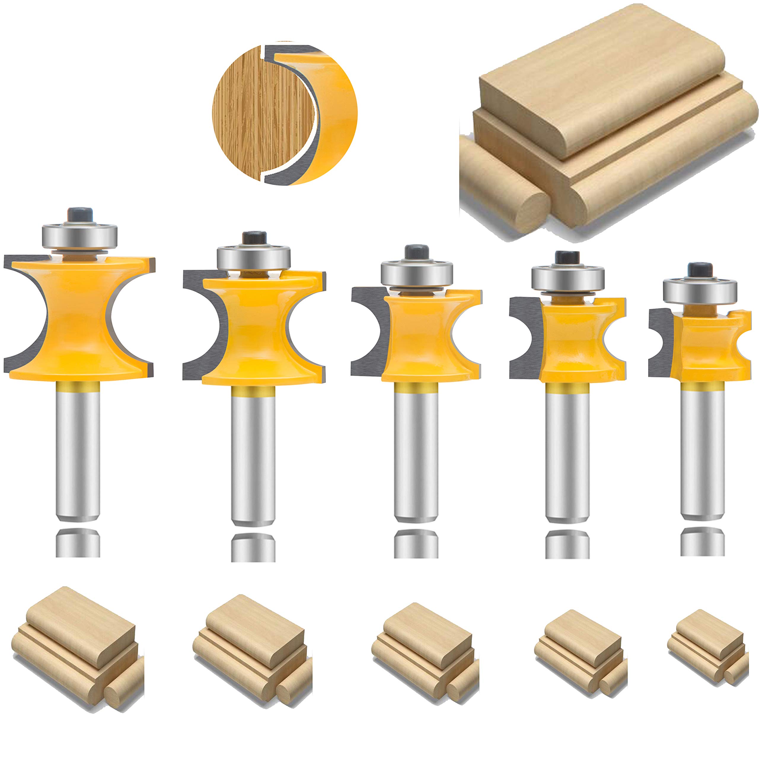 LETBUY 1/2 Inch Shank Bullnose Router Bit 5PCS，Half Round Bearing Carbide Tipped Round Edge Cutting Bits， Radius 1/8" 3/16" 1/4" 5/16" 3/8", Woodworking Tool Milling Cutter CNC Router Tool