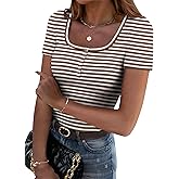 Zeagoo Womens Summer Tops Short Sleeve Shirts Ribbed Knit Square Neck Tshirt Casual Basic Slim Tee