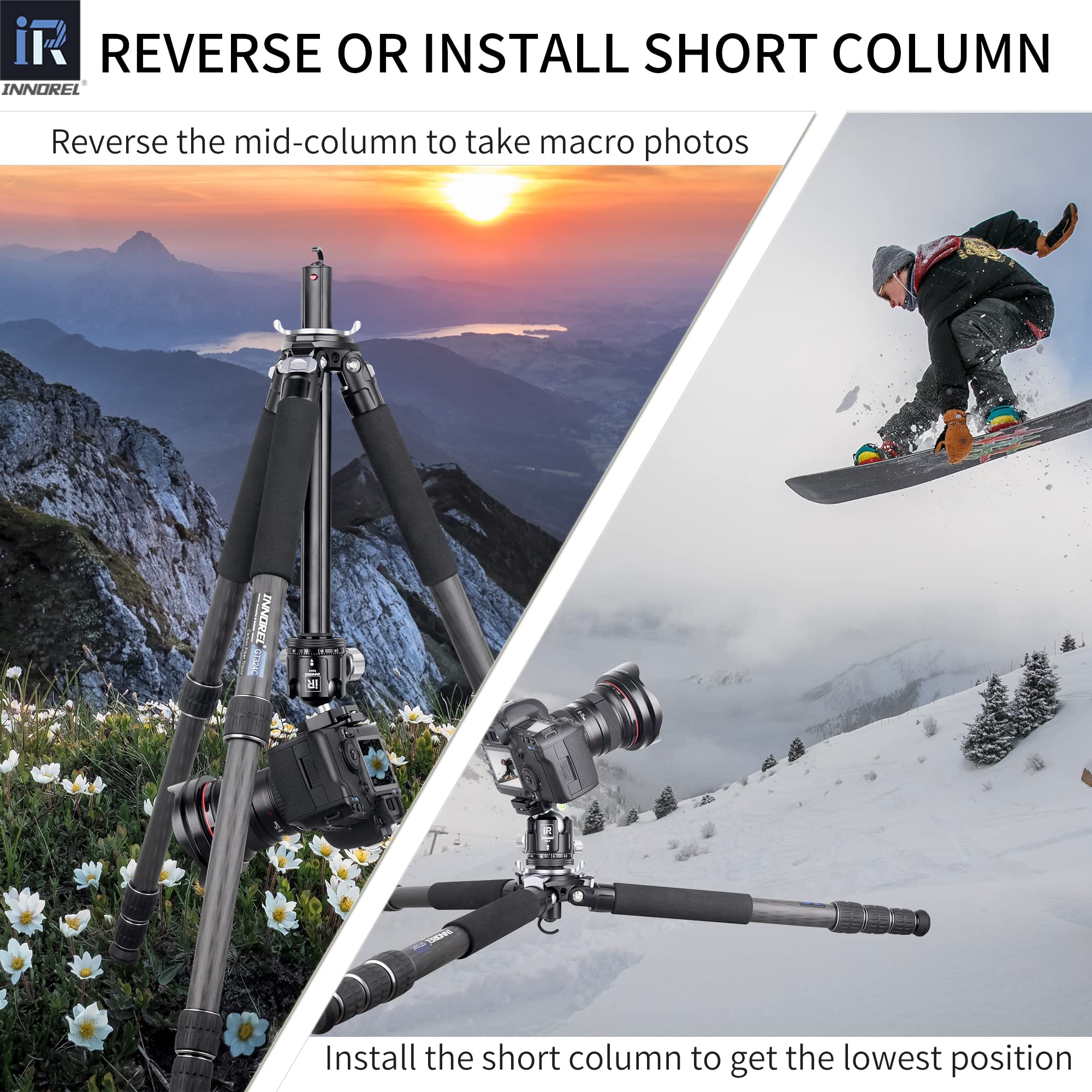 Carbon Fiber Camera Tripod-INNOREL GT324C Professional Compact Shooting Tripod for Heavy Duty Stand with Low Gravity Center Ball Head Special-Shaped Center Column