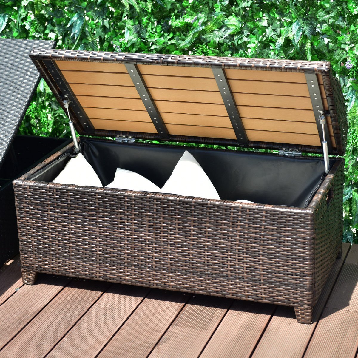 Tangkula Wicker Deck Box 50 Gallon Patio Outdoor Pool Rattan Container Storage Box Bench Seat