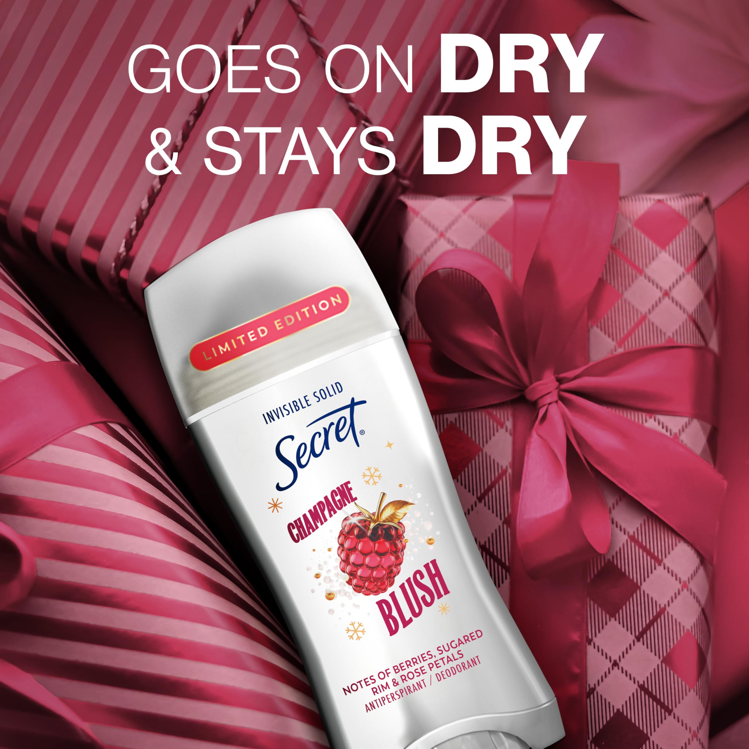 Secret Fresh Antiperspirant Deodorant for Women, 72hr Breathable Odor Protection with Pro-Hyaluronic Acid, Holiday Invisible Solid, Champagne Blush with Berries, Sugared Rim & Rose Petals Scent, 2.6oz