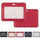 2 Pcs Leather ID Badge Holders, Horizontal & Multiple Card Slots, Red ID Card Holder for Offices, Staff, Students, Employees