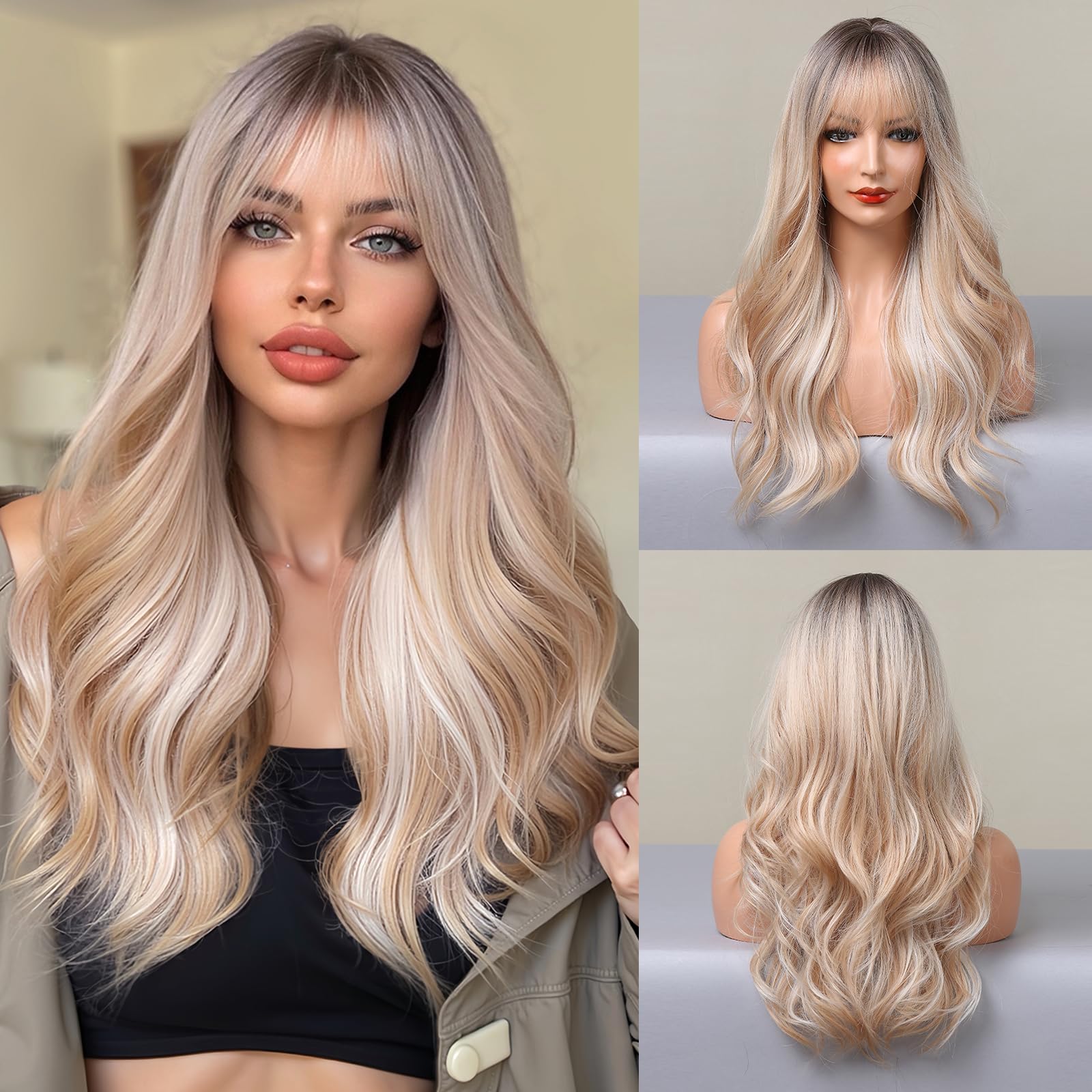 Esmee Long Wavy Ombre Blonde Wigs with Bangs for Women Natural Synthetic Hair Heat Resistant Ombre Wigs with Dark Roots for Daily Party Cosplay Use-24 Inches — image 1
