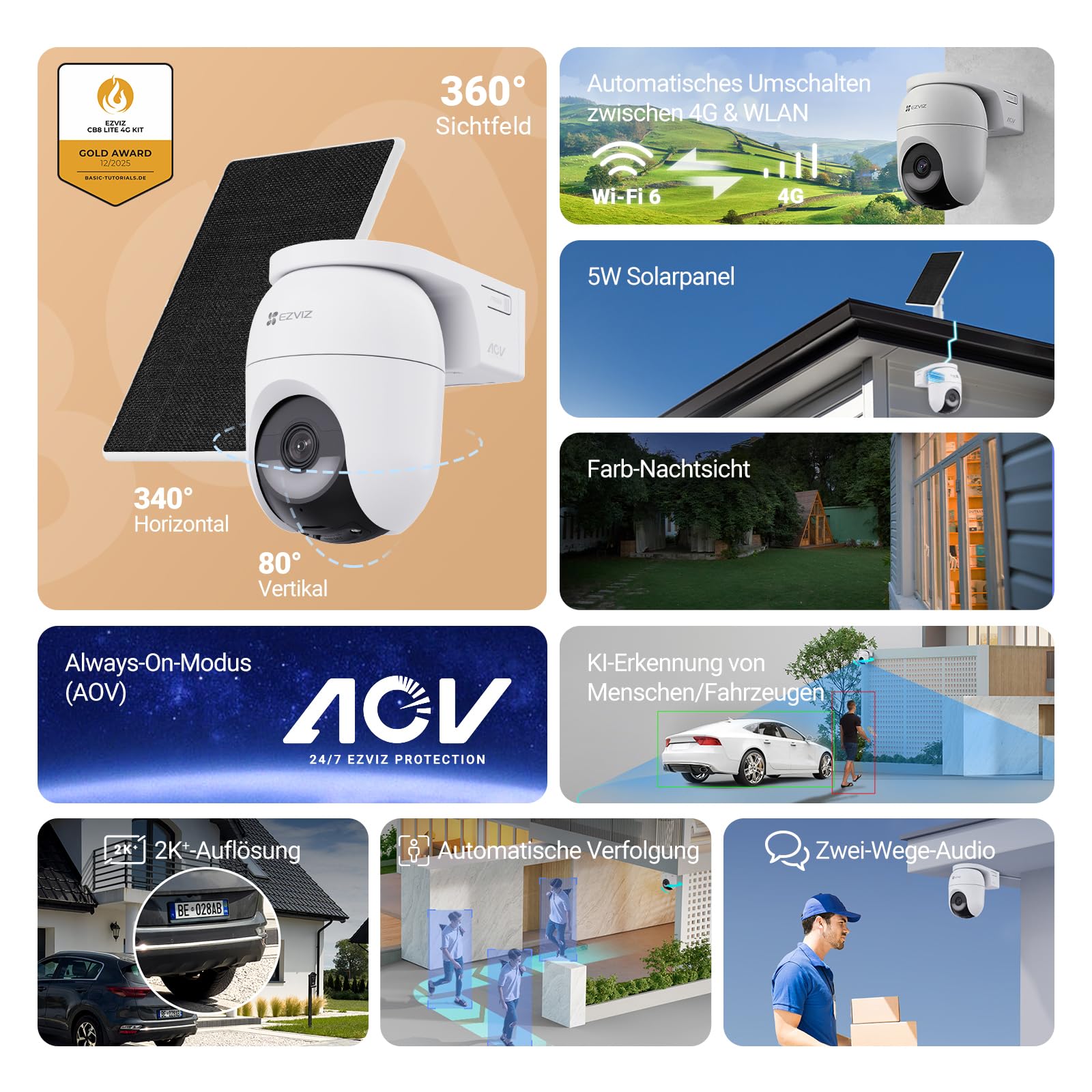 EZVIZ 4G LTE Überwachungskamera ohne WLAN, 360° PTZ Überwachung, 4MP Kamera Aussen Akku, Farbnachtsicht, Person/Fahrzeugerkennung, 2-Wege-Audio, Unterstützt 4G & WLAN 6, CB8 Lite 4G mit 5W Solarpanel 2