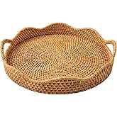 AEIRISSE 14" Round Scalloped Rattan Tray | Handwoven Decorative Tray with Handles for Coffee Table, Ottoman, Bathroom Vanity, Kitchen & Tea Serving – Boho Farmhouse Home Décor & Organization
