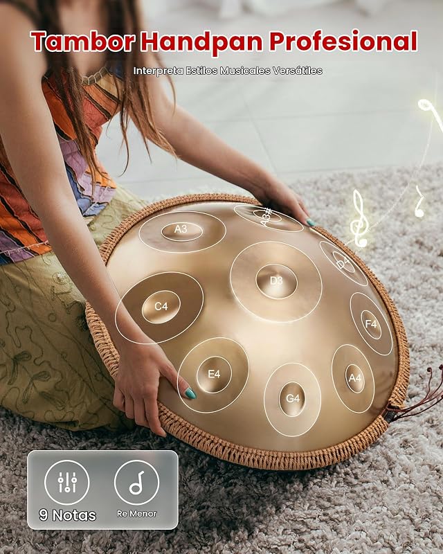 Tambor de Mano 55 cm 9 Notas 432 Hz, Tambor Handpan en D Menor con Mazos, Instrumento de Percusión con Bolsa de Transporte para Yoga, Meditación, Educación Musical de Principiantes, Dorado