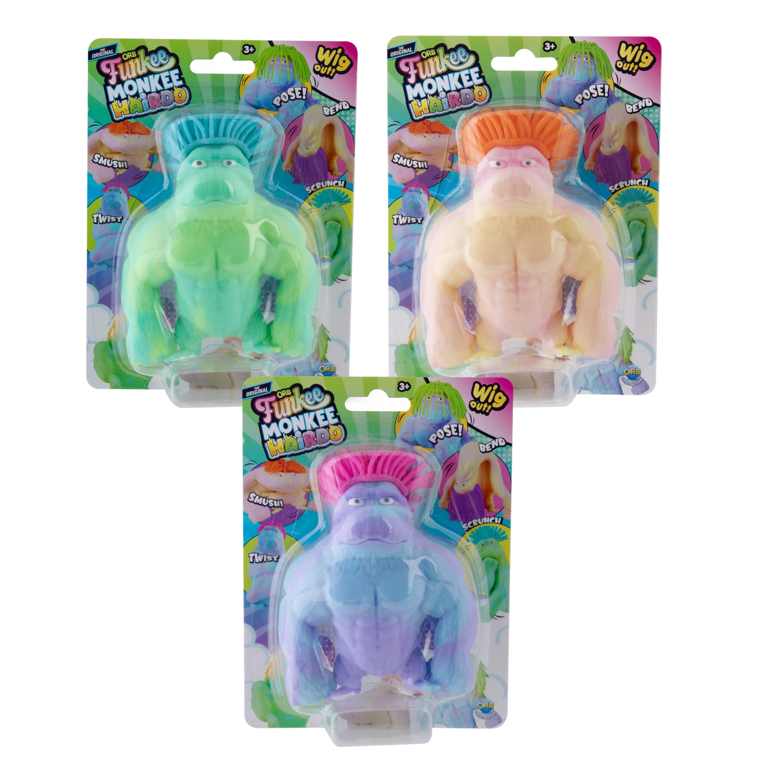 Photo 1 of *ONLY 2* ORB Funkee Monkee Squishy Monkey Mega Short Hairdo 3 Pack - Stretchy Funky Monkey Toy Squishies with Long Hair - Squishy Gorilla, Splat Monkey Stress Toys - Collectible Fidget Toys for Kids and Adults